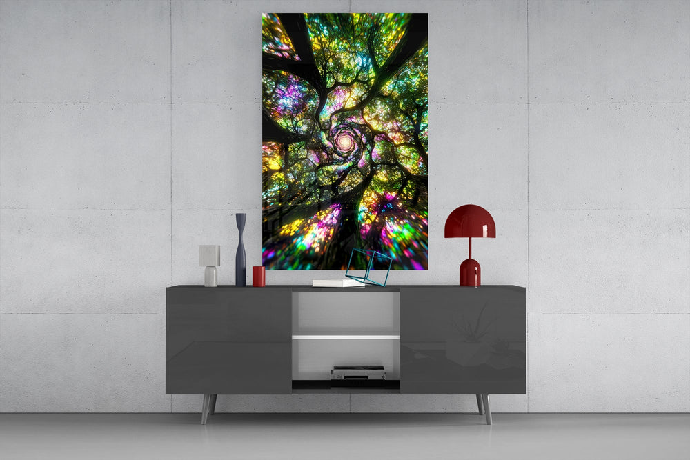 a rainbow tree canopy spiralling overhead glass wall art displayed above a console in a designer interior
