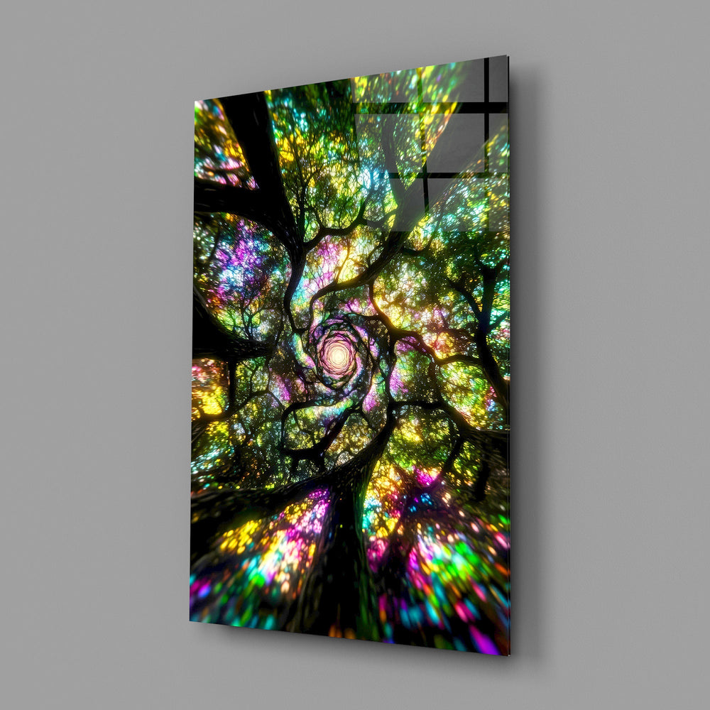a rainbow tree canopy spiralling overhead glass wall art angled to show the polished tempered glass panel