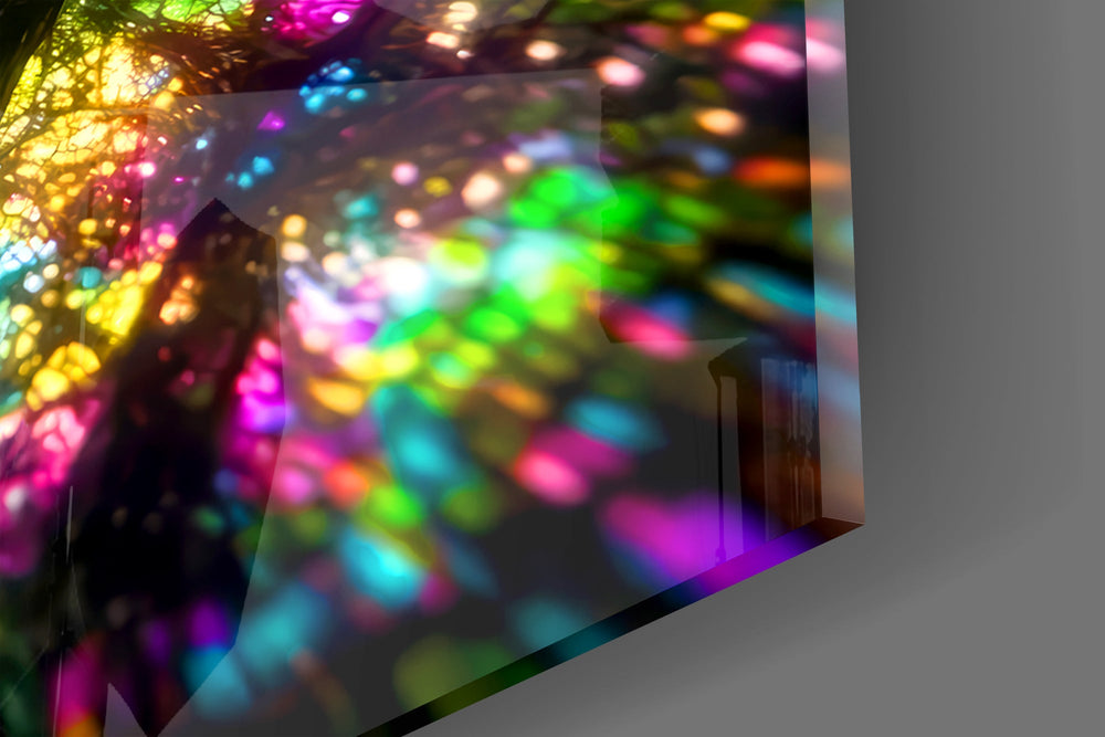 Close-up detail of the bright vortex at the center of the branches on the glass surface