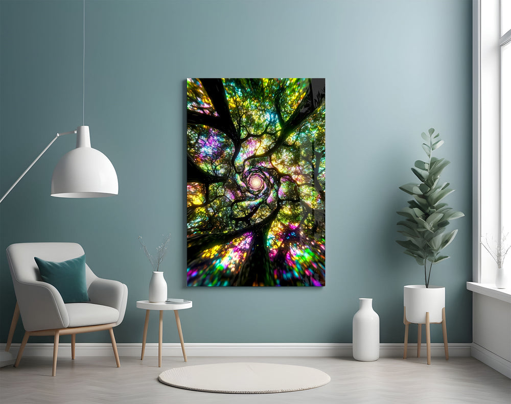 a rainbow tree canopy spiralling overhead glass wall art styled above an armchair in a reading corner