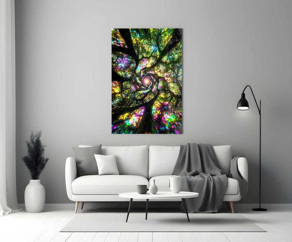 a rainbow tree canopy spiralling overhead panel bringing character to a minimalist living room wall