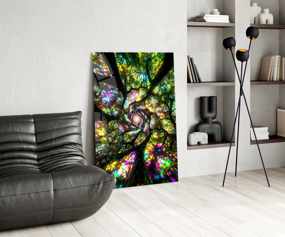 a rainbow tree canopy spiralling overhead glass wall art leaning beside a dark leather sofa