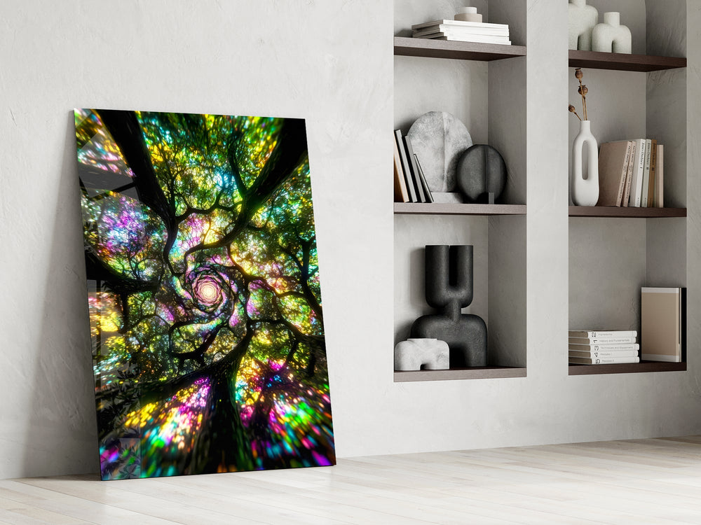 a rainbow tree canopy spiralling overhead panel resting in a shelving niche in a modern interior