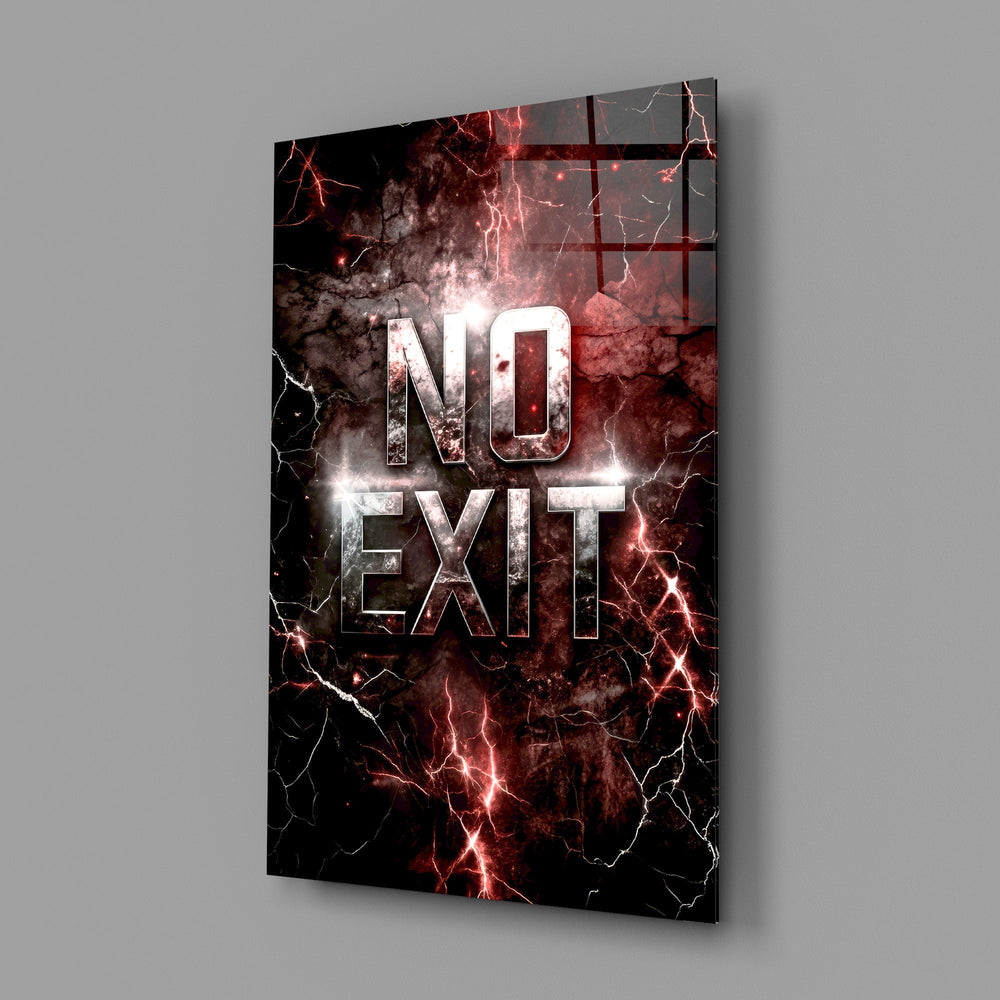 the words No Exit on cracked red stone glass wall art angled to show the polished tempered glass panel