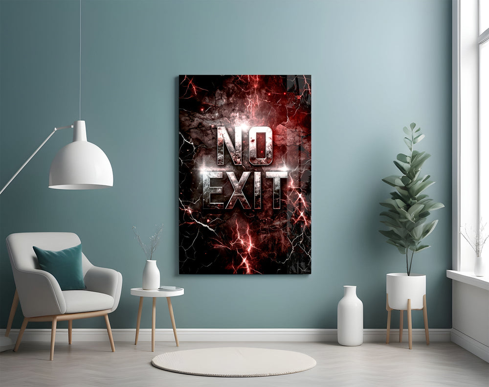 the words No Exit on cracked red stone glass wall art styled above an armchair in a reading corner