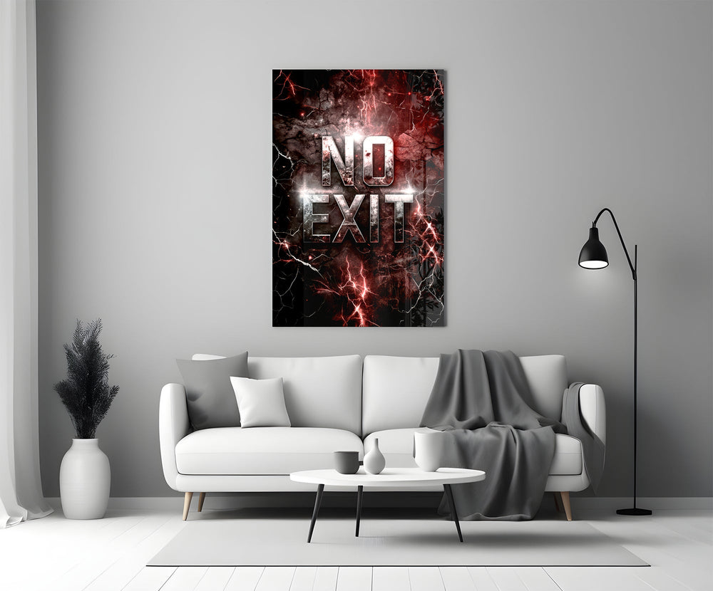 the words No Exit on cracked red stone panel bringing character to a minimalist living room wall