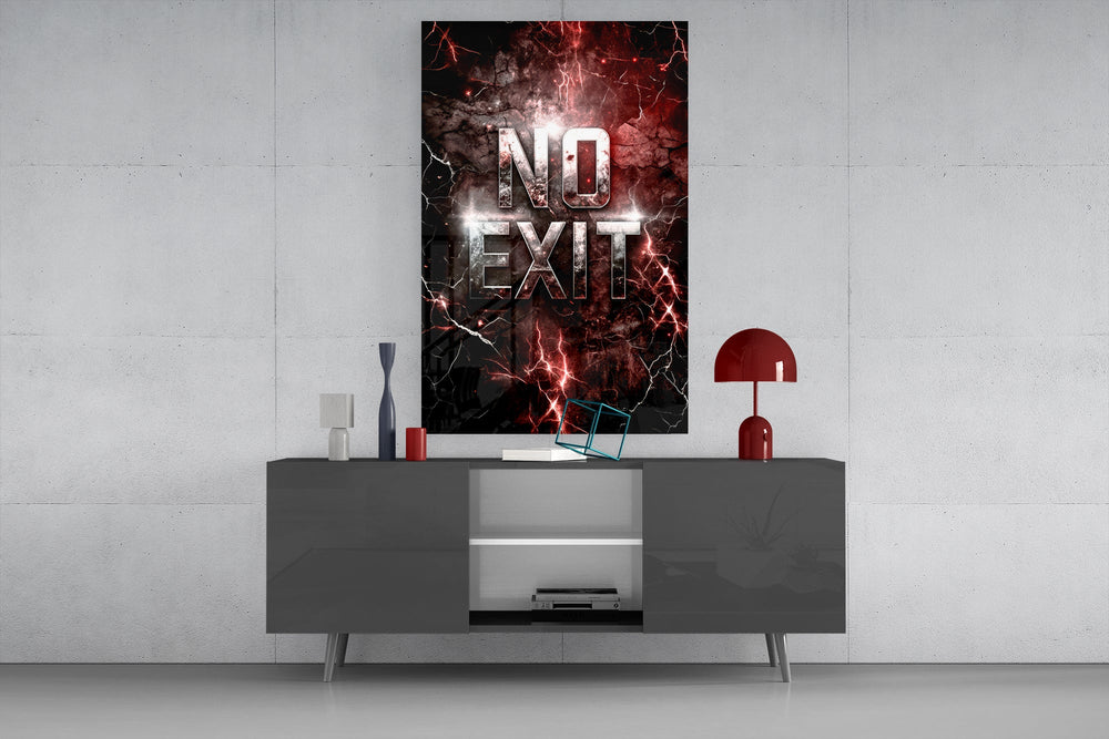 the words No Exit on cracked red stone glass wall art displayed above a console in a designer interior