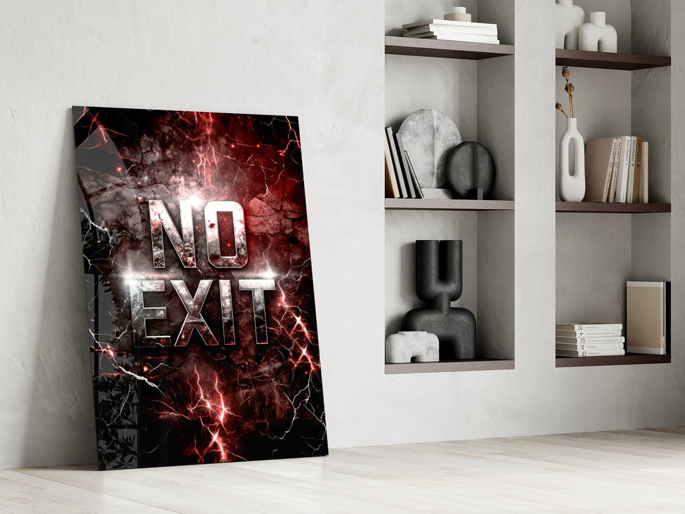 the words No Exit on cracked red stone panel resting in a shelving niche in a modern interior