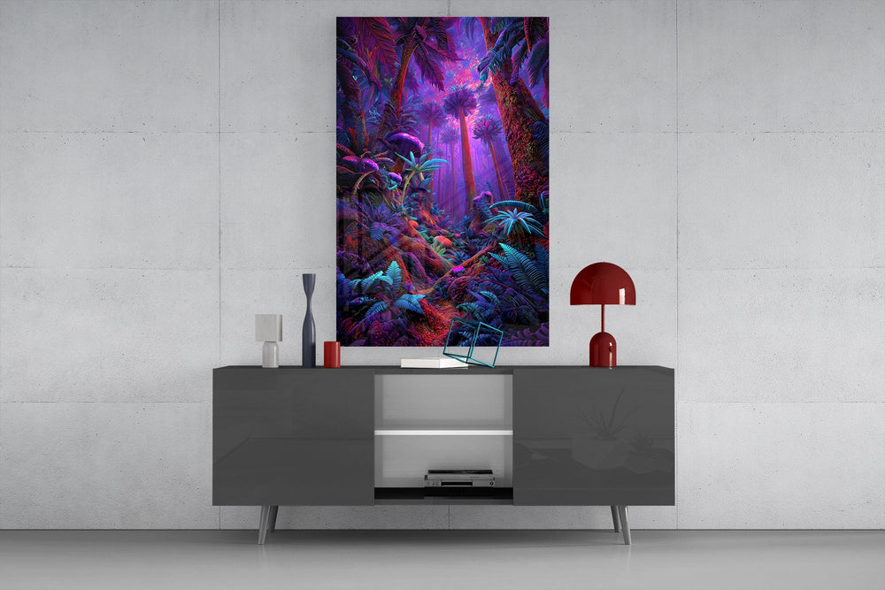 a neon purple jungle interior glass wall art displayed above a console in a designer interior