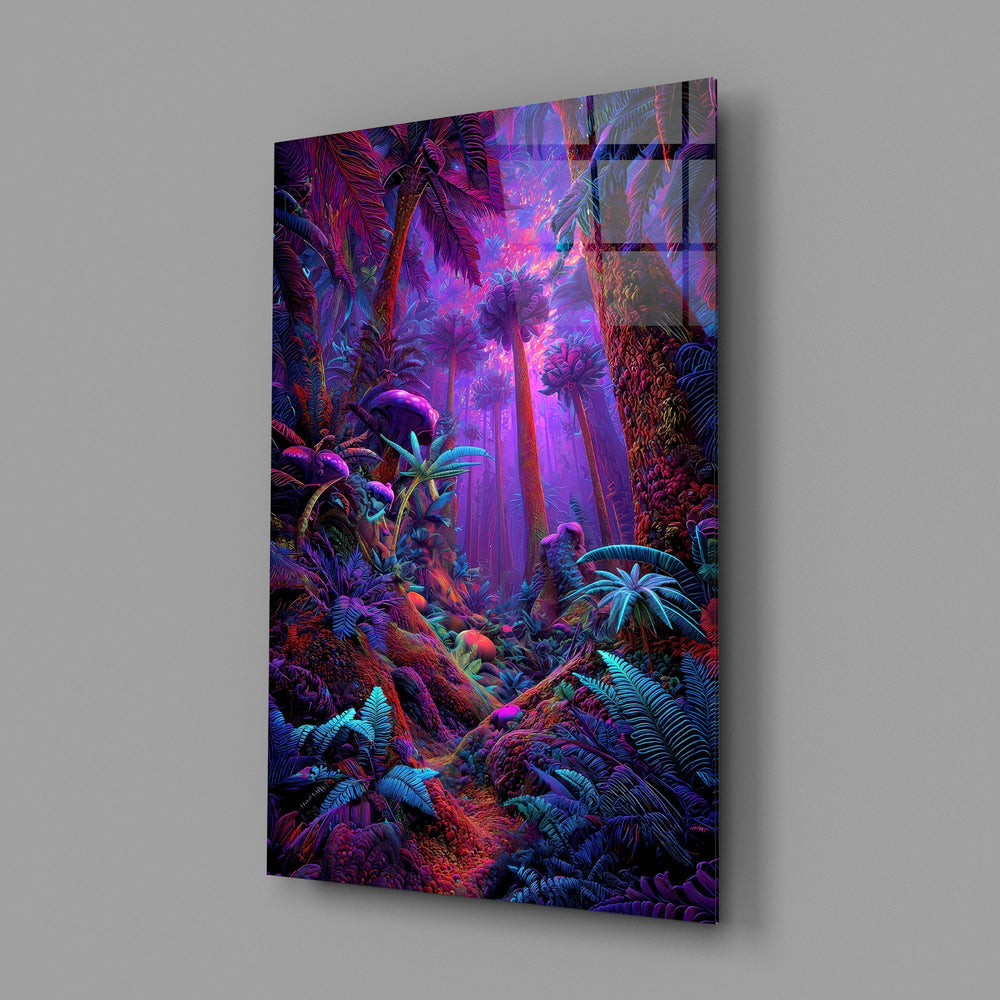 a neon purple jungle interior glass wall art angled to show the polished tempered glass panel
