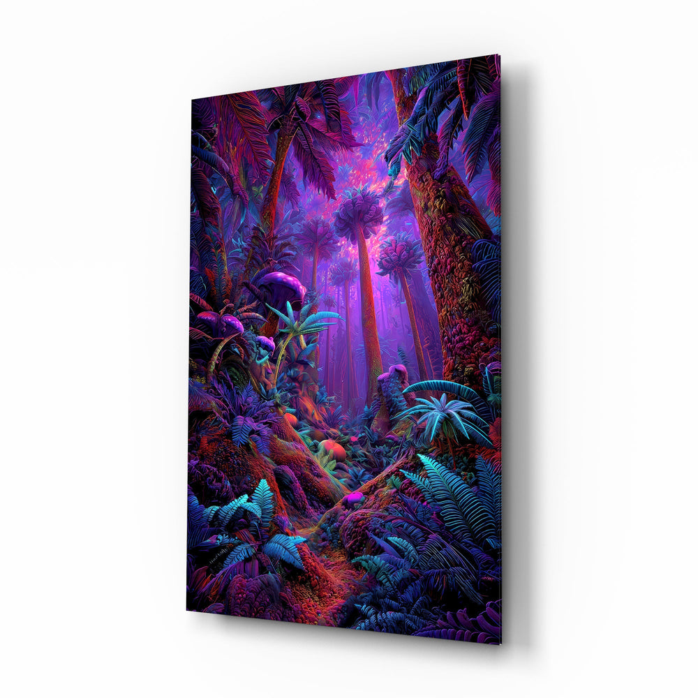 Neon Purple Jungle Glowing Rainforest Glass Wall Art - Lifestyle preview in a designer interior