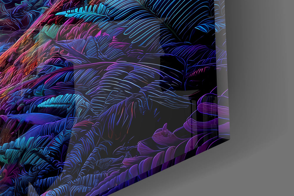Close-up detail of the turquoise ferns lining the forest floor on the glass surface