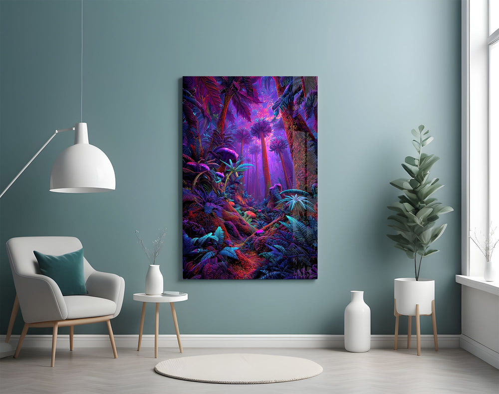 a neon purple jungle interior glass wall art styled above an armchair in a reading corner