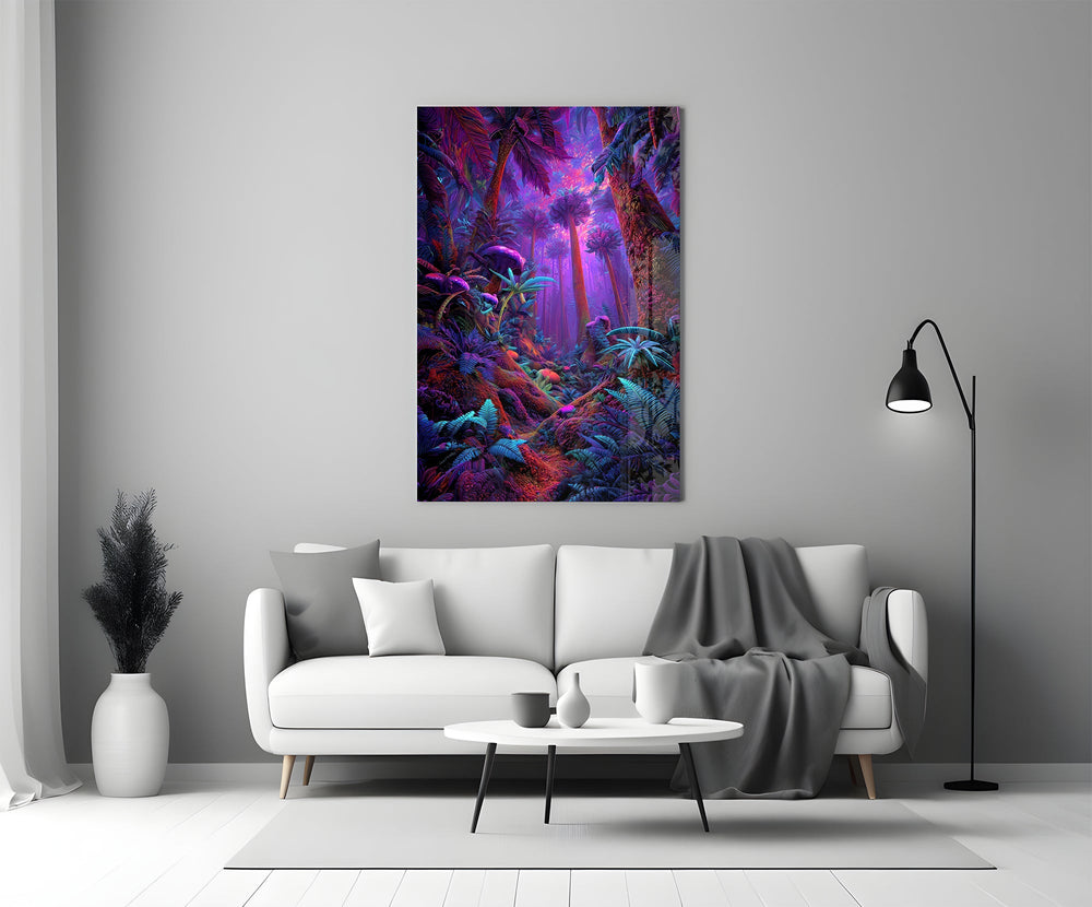 a neon purple jungle interior panel bringing character to a minimalist living room wall