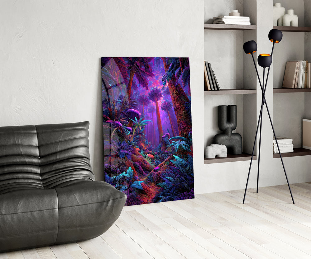 a neon purple jungle interior glass wall art leaning beside a dark leather sofa