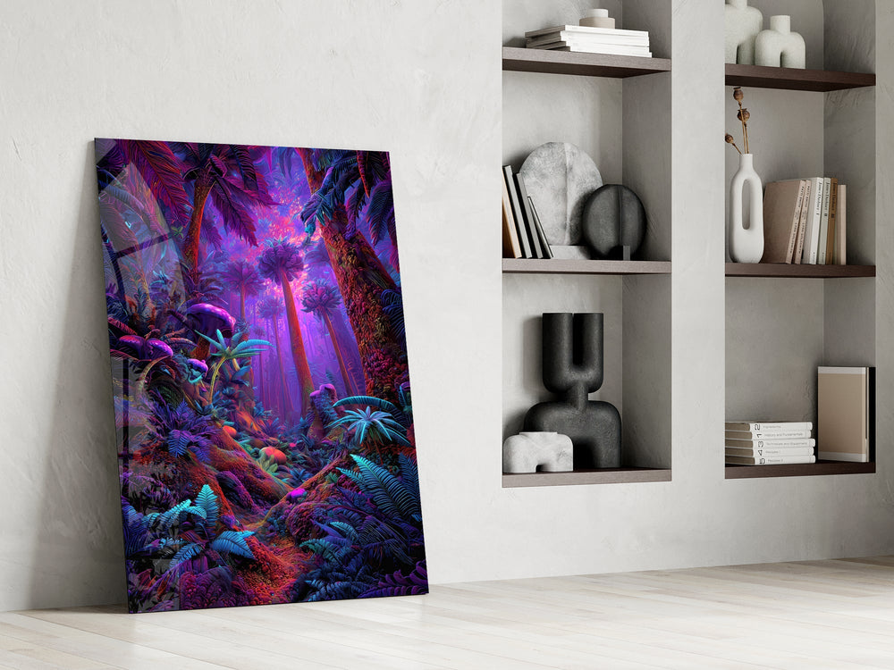 a neon purple jungle interior panel resting in a shelving niche in a modern interior