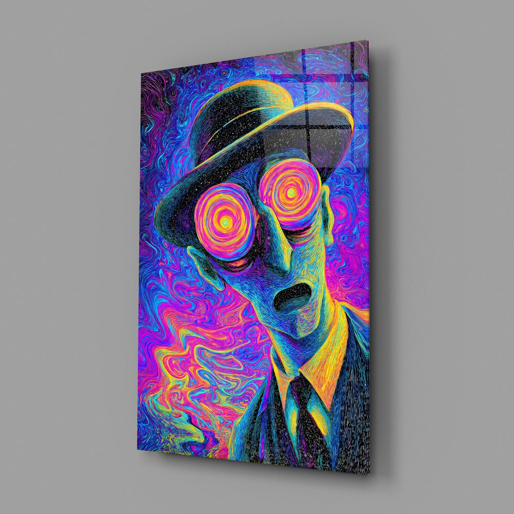 a wide-eyed man in a bowler hat glass wall art angled to show the polished tempered glass panel