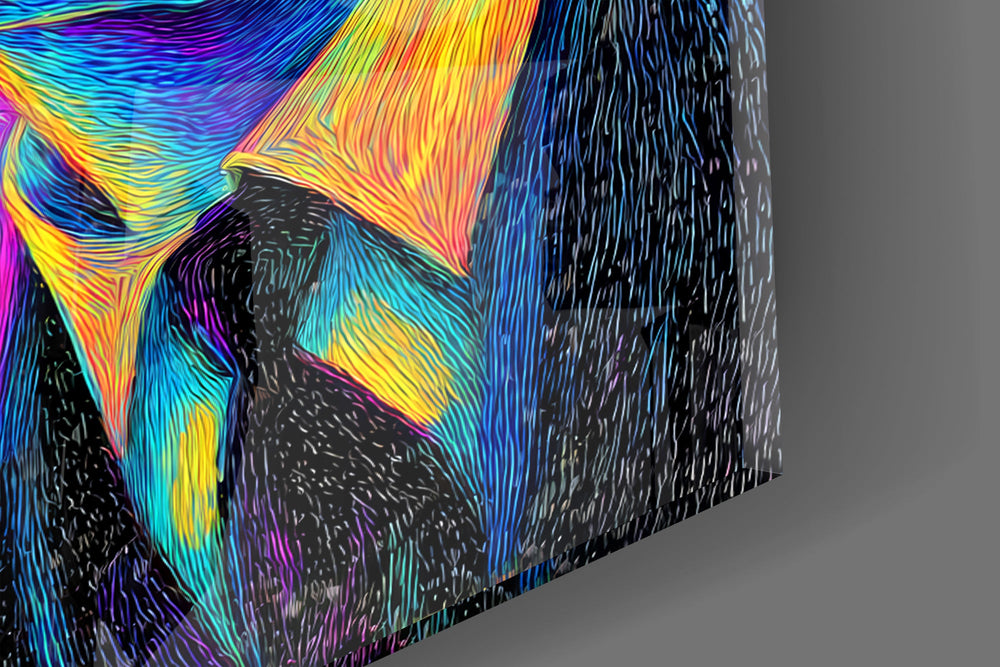 Close-up detail of the hypnotic spirals filling his eyes on the glass surface