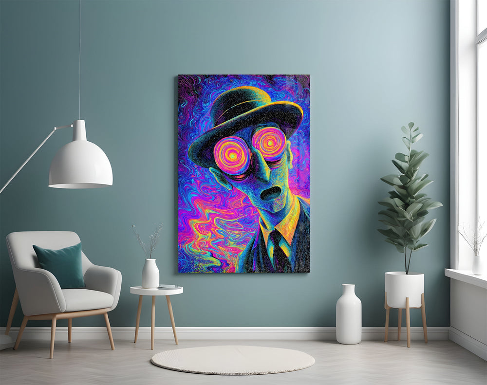 a wide-eyed man in a bowler hat glass wall art styled above an armchair in a reading corner