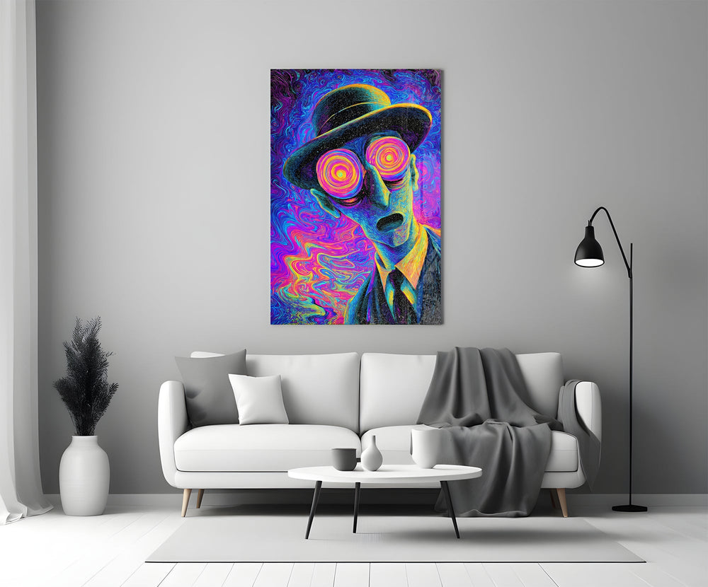 a wide-eyed man in a bowler hat panel bringing character to a minimalist living room wall