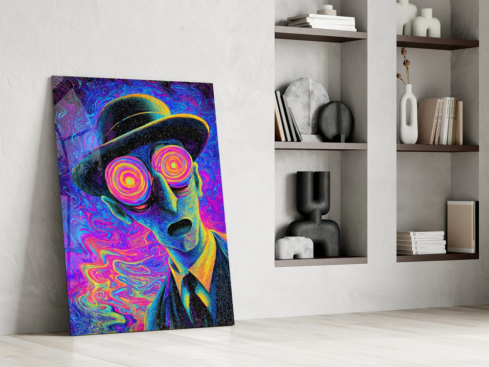 a wide-eyed man in a bowler hat panel resting in a shelving niche in a modern interior