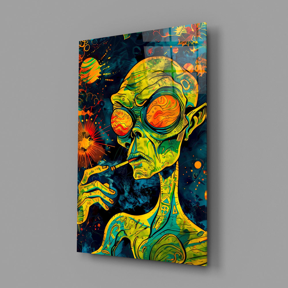 green alien smoking in deep space glass wall art angled to show the polished tempered glass panel