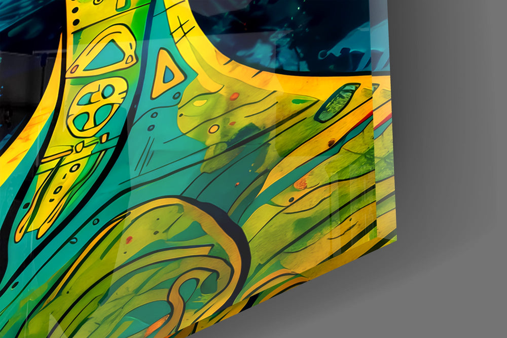 Close-up detail of the orange swirl of the goggle-like eyes and the thin trail of smoke on the glass surface