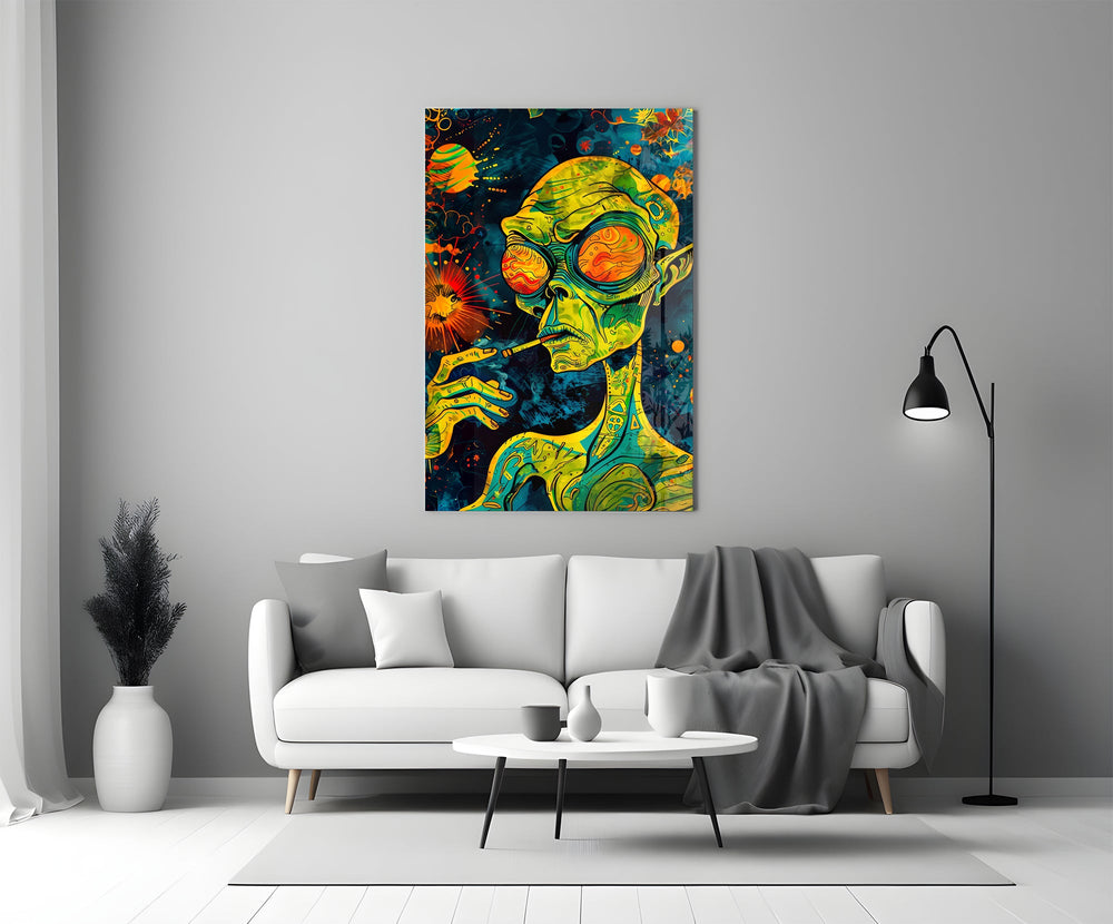 green alien smoking in deep space panel bringing character to a minimalist living room wall