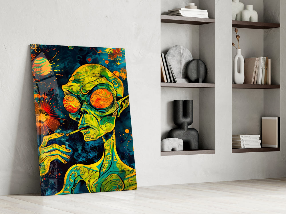 green alien smoking in deep space panel resting in a shelving niche in a modern interior