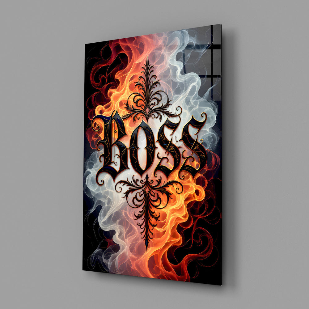 blackletter word in fire and smoke glass wall art angled to show the polished tempered glass panel