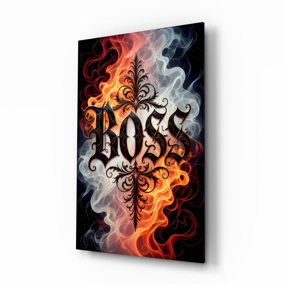 Boss Blackletter Fire and Smoke Glass Wall Art - Lifestyle preview in a designer interior