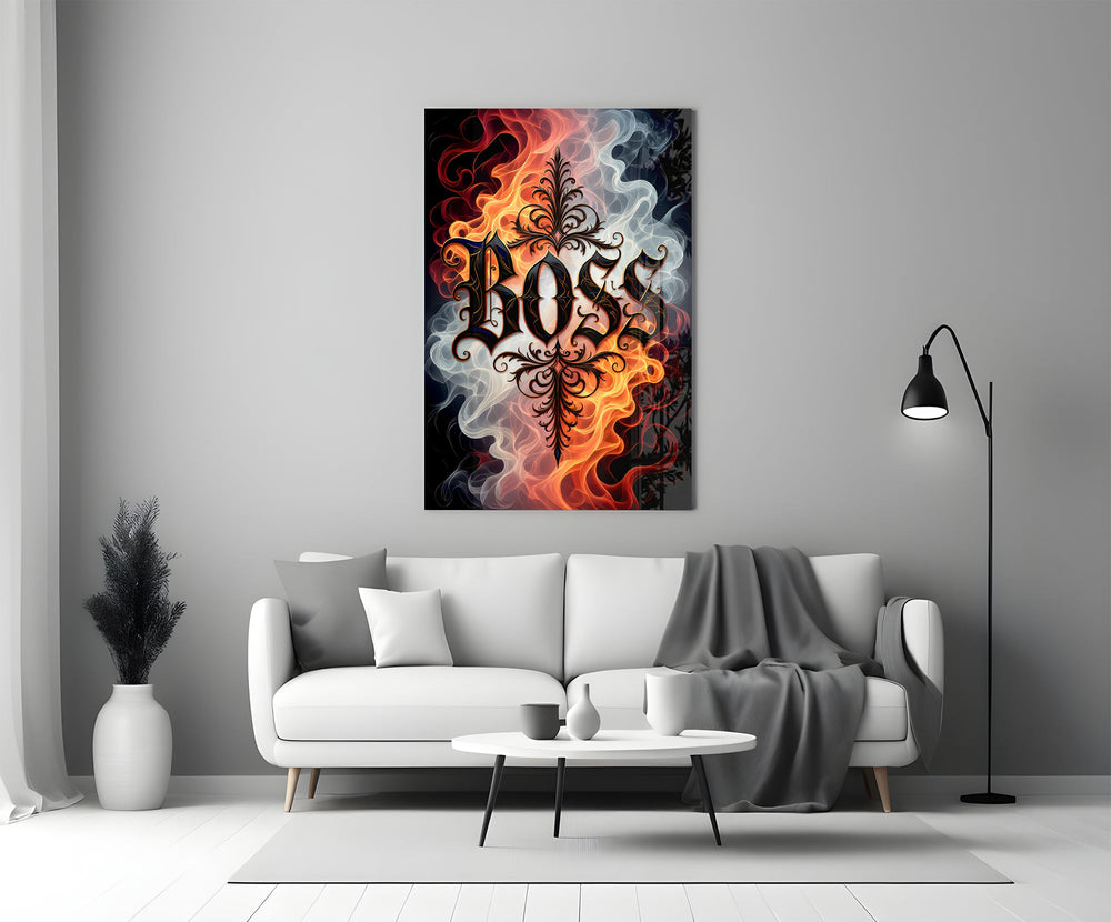 blackletter word in fire and smoke panel bringing character to a minimalist living room wall