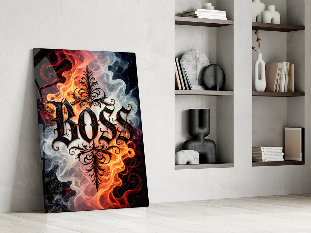 blackletter word in fire and smoke panel resting in a shelving niche in a modern interior