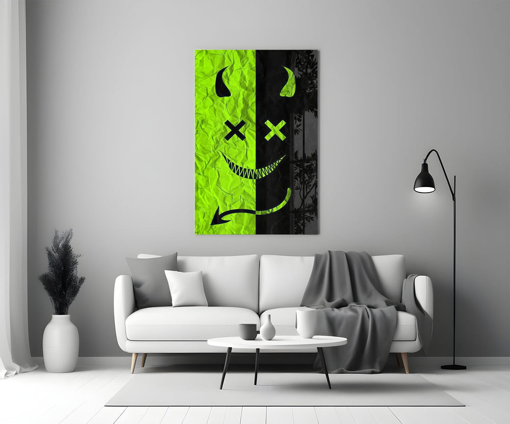 split neon green devil smiley panel bringing character to a minimalist living room wall