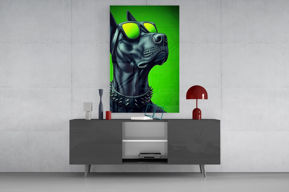 black guard dog in yellow shades glass wall art displayed above a console in a designer interior