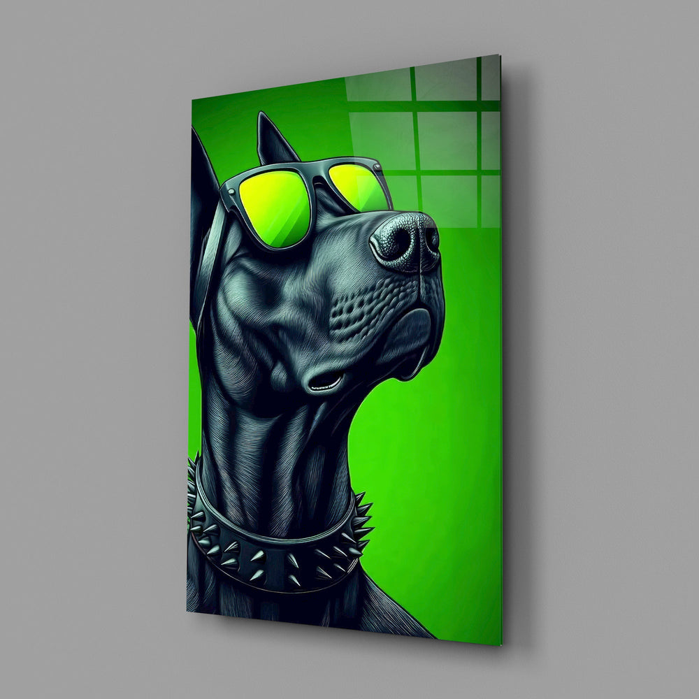 black guard dog in yellow shades glass wall art angled to show the polished tempered glass panel