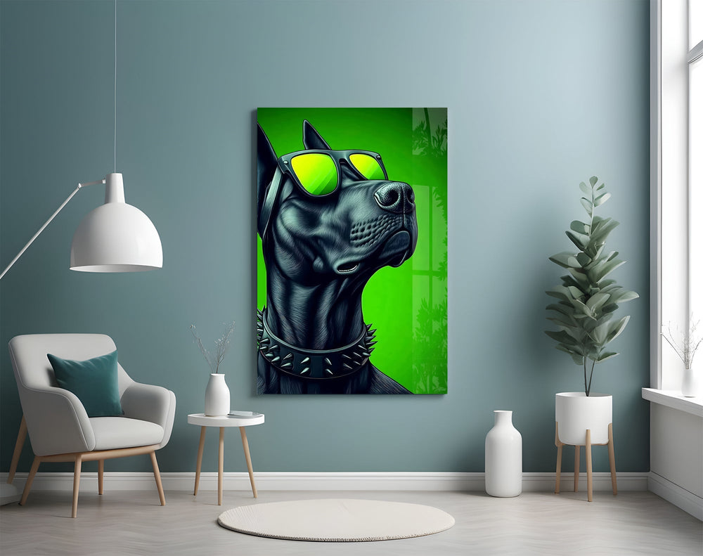black guard dog in yellow shades glass wall art styled above an armchair in a reading corner