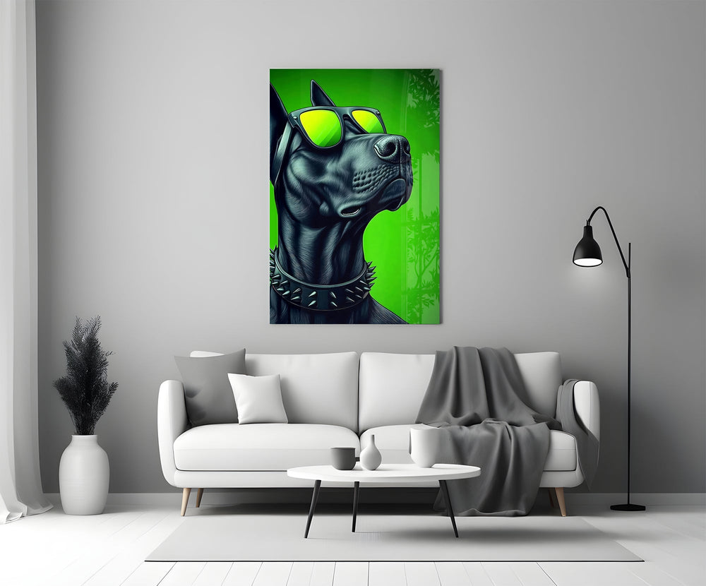 black guard dog in yellow shades panel bringing character to a minimalist living room wall