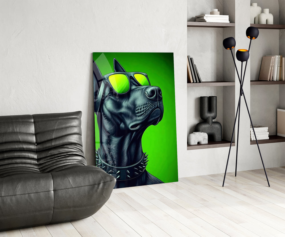 black guard dog in yellow shades glass wall art leaning beside a dark leather sofa