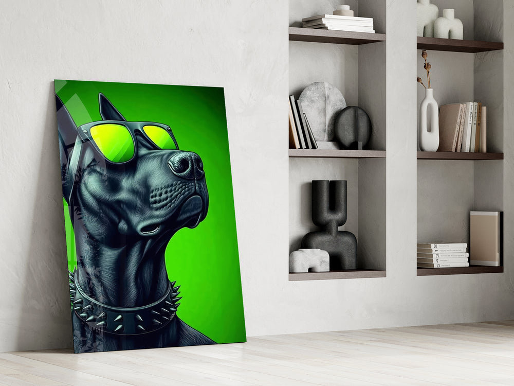 black guard dog in yellow shades panel resting in a shelving niche in a modern interior
