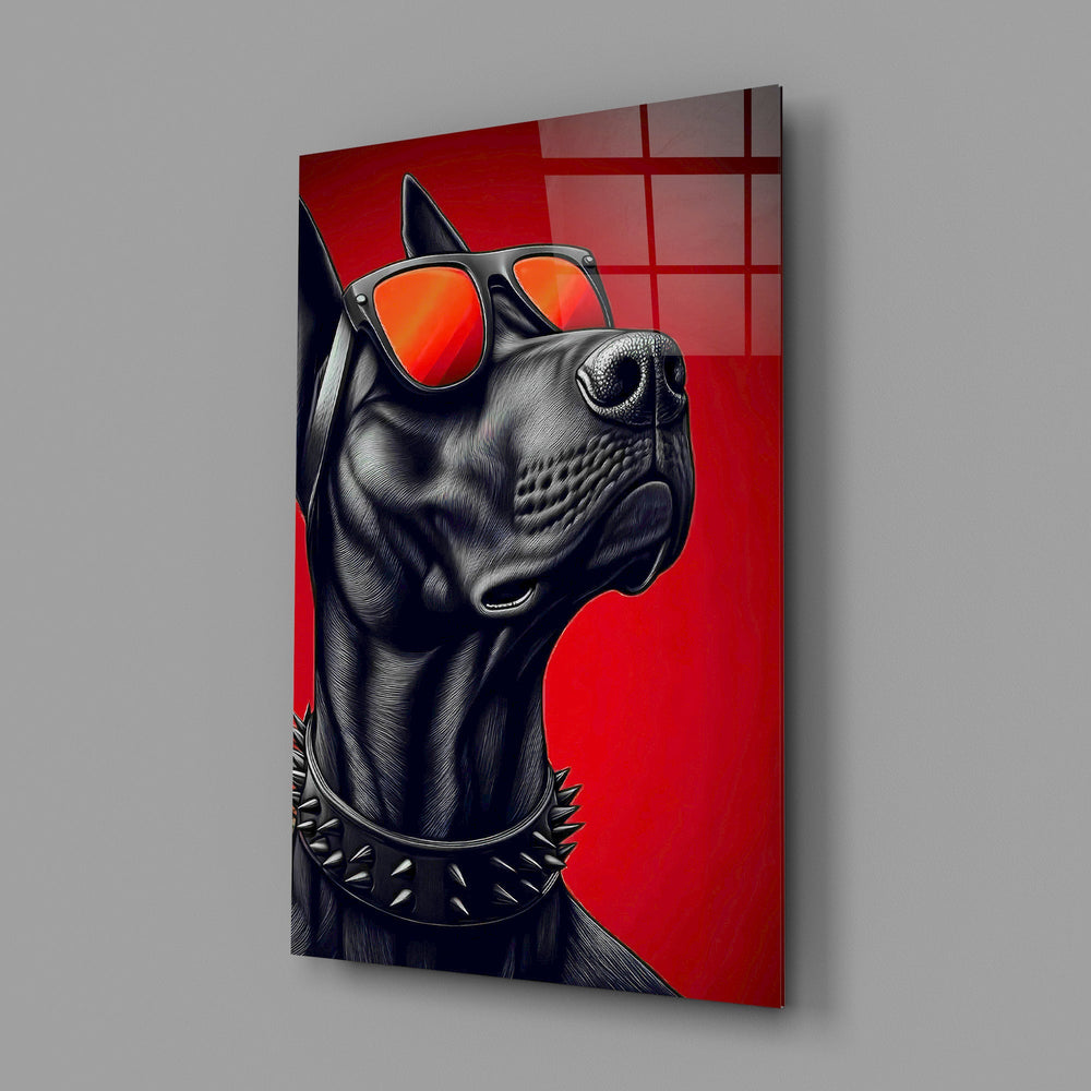 black guard dog on crimson red glass wall art angled to show the polished tempered glass panel