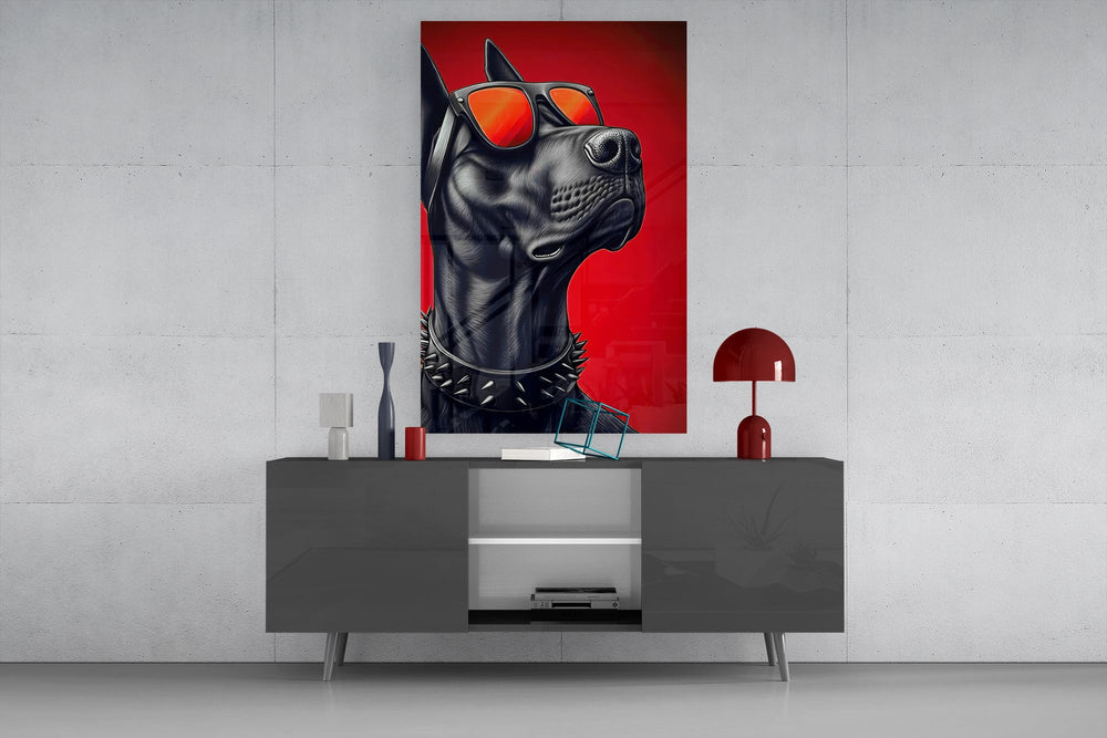 black guard dog on crimson red glass wall art displayed above a console in a designer interior