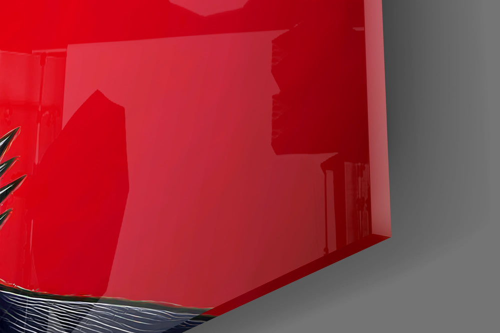 Close-up detail of the red mirrored lenses and the row of steel spikes at the throat on the glass surface