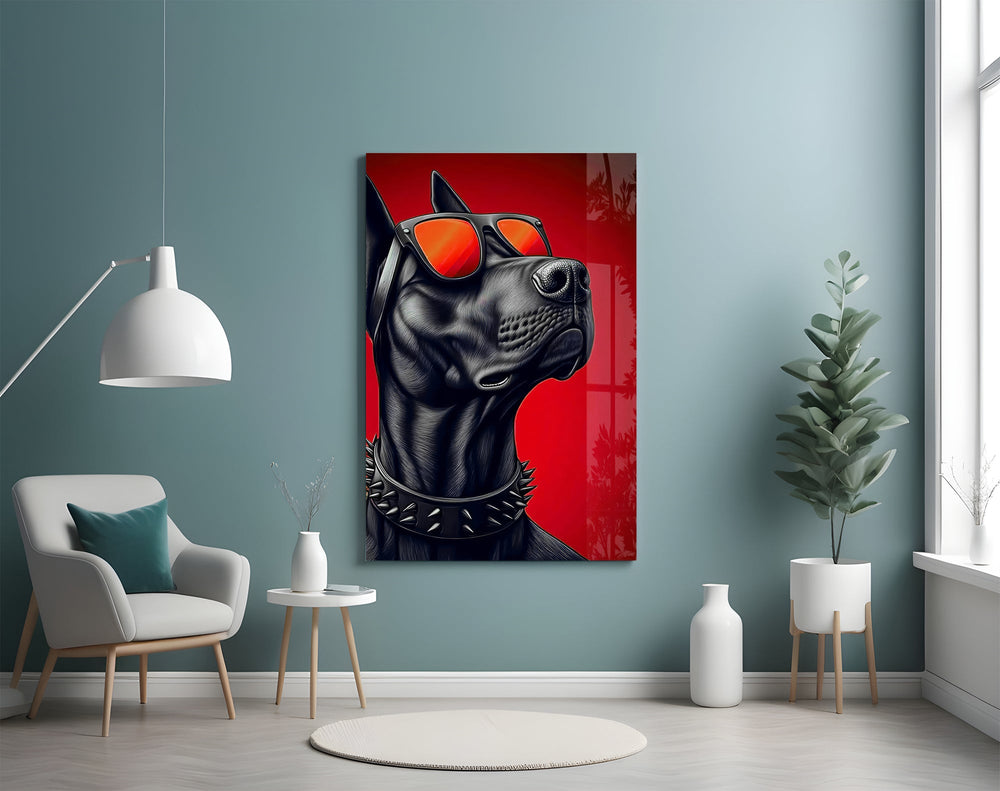 black guard dog on crimson red glass wall art styled above an armchair in a reading corner
