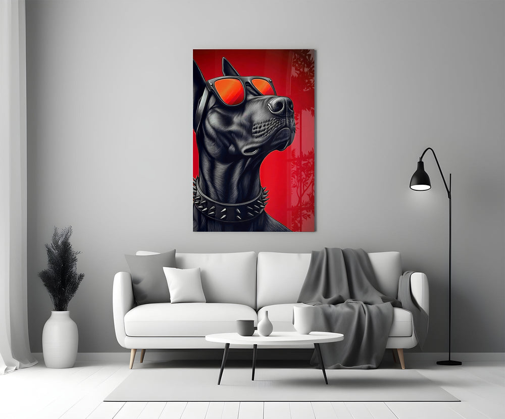 black guard dog on crimson red panel bringing character to a minimalist living room wall