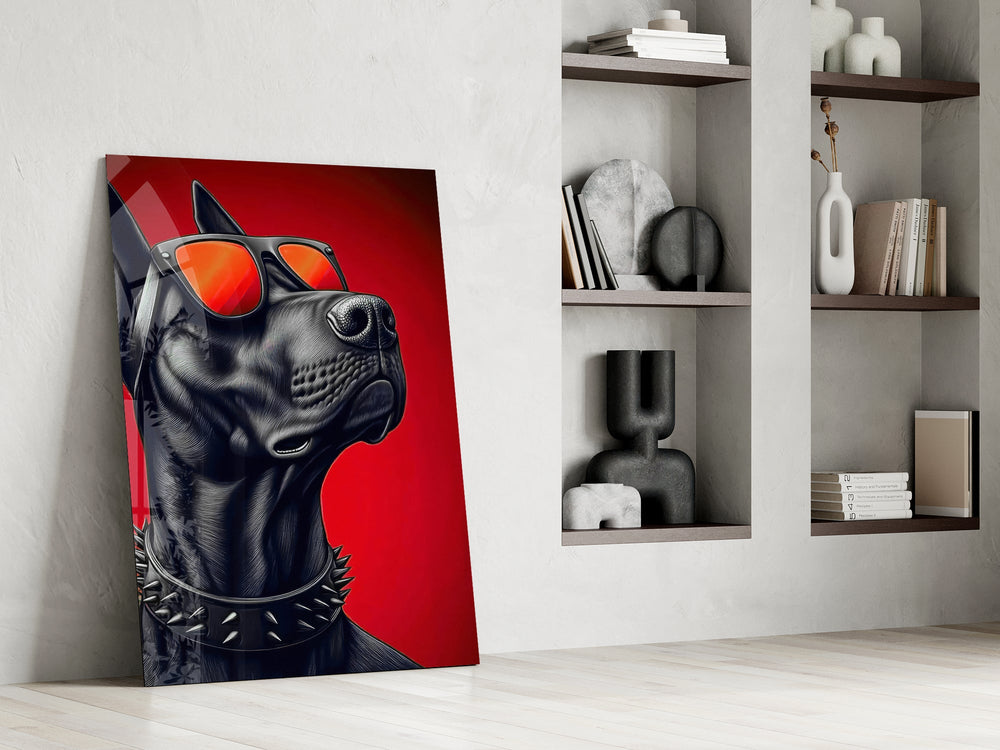 black guard dog on crimson red panel resting in a shelving niche in a modern interior
