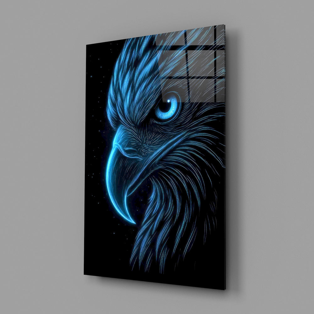 glowing blue eagle head on black glass wall art angled to show the polished tempered glass panel