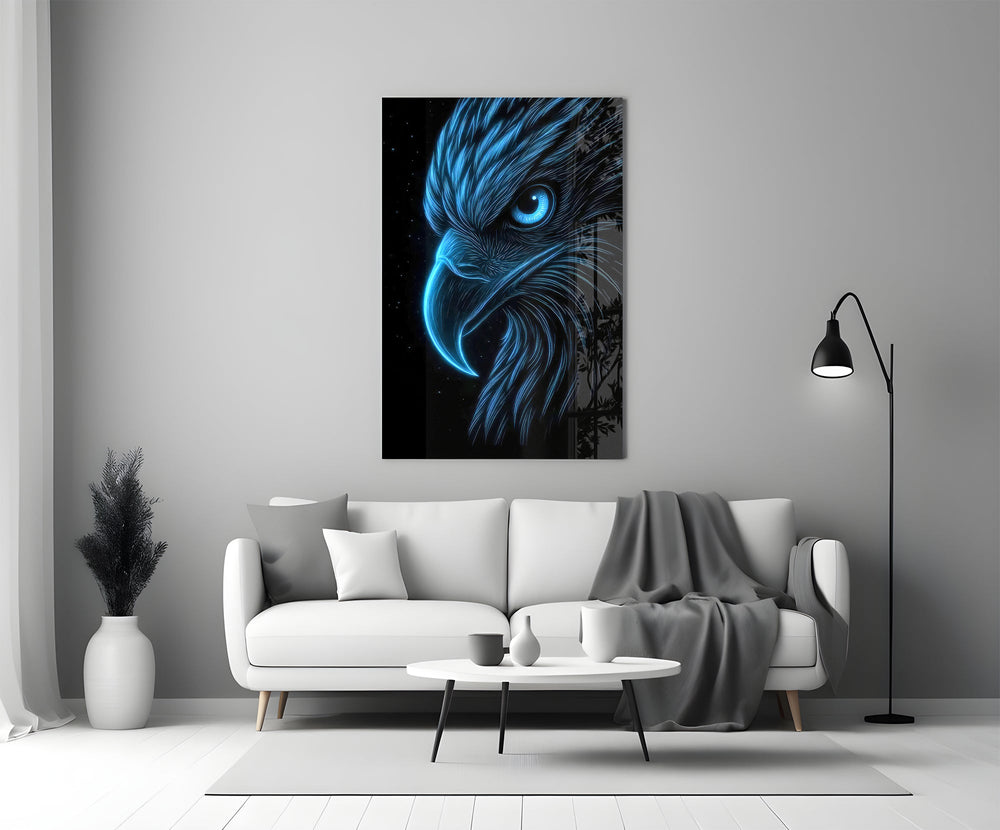 glowing blue eagle head on black panel bringing character to a minimalist living room wall