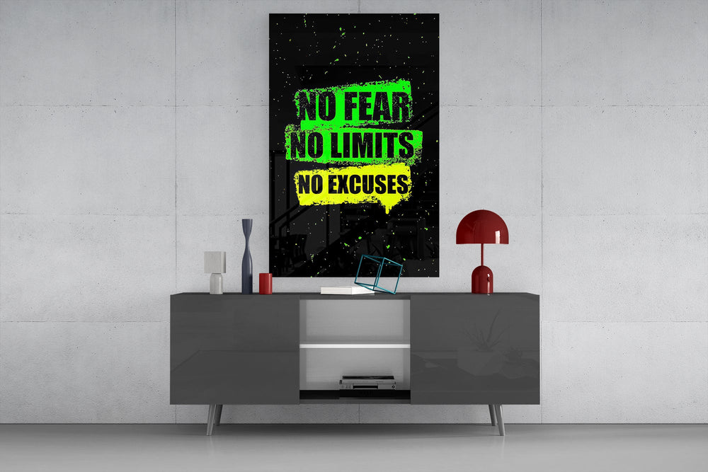 neon green gym motivation typography glass wall art displayed above a console in a designer interior