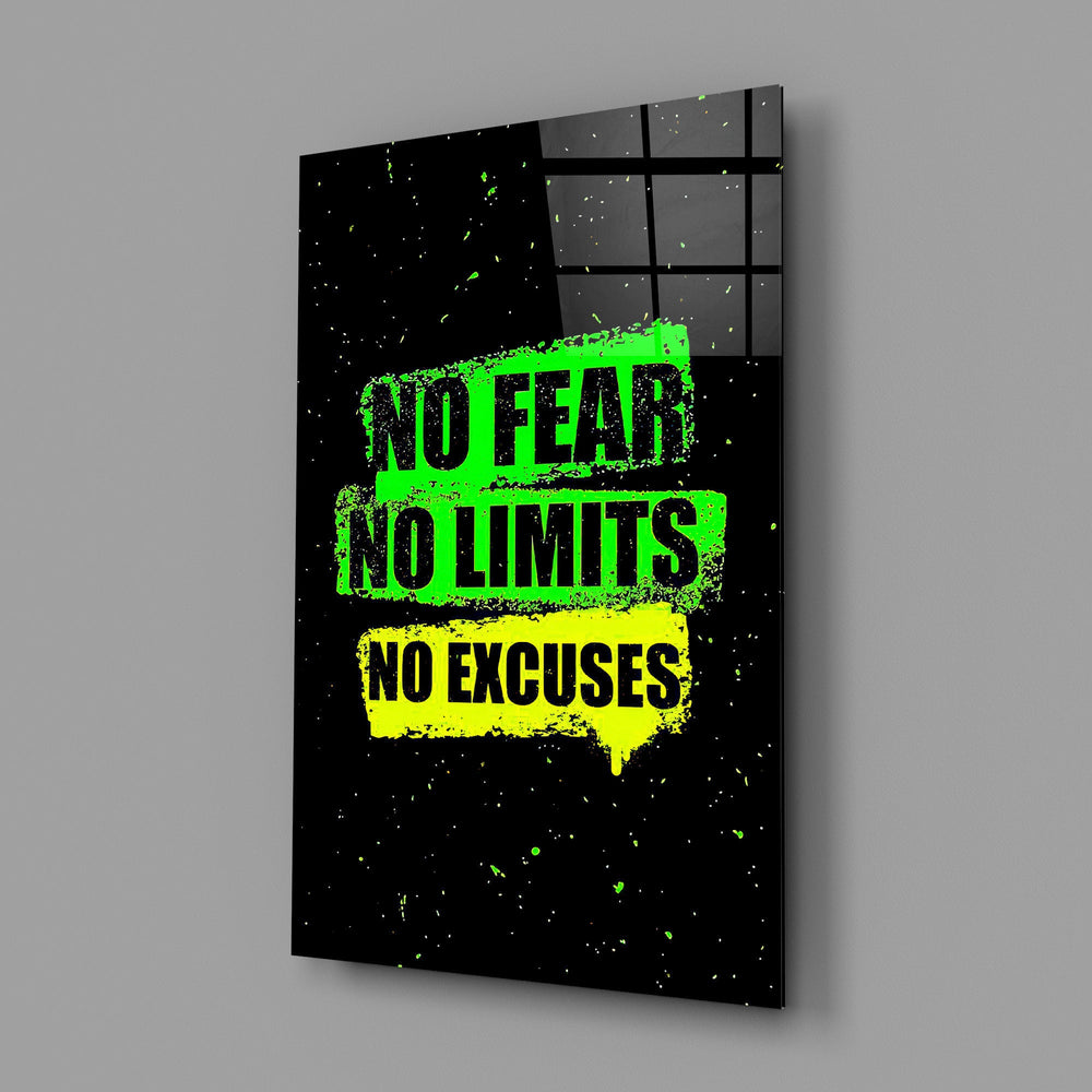 neon green gym motivation typography glass wall art angled to show the polished tempered glass panel